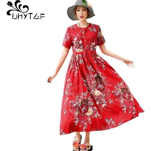 UHYTGF Summer dress womens fashion Chinese style vintage printing beach long dress cotton linen slim elegant dresses female 1650