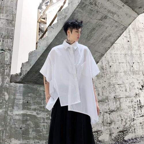 Men Trendy Fashion Irregular Design Short Sleeve Shirt Youth Summer Loose Tee Black White