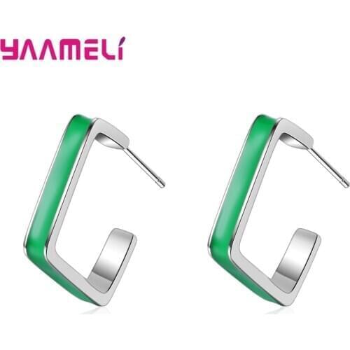 NEW Sale Green Enamel Square Hoop Earrings for Women Girls Dating Appointment Shining 925 Sterling Silver Pierced Jewellery
