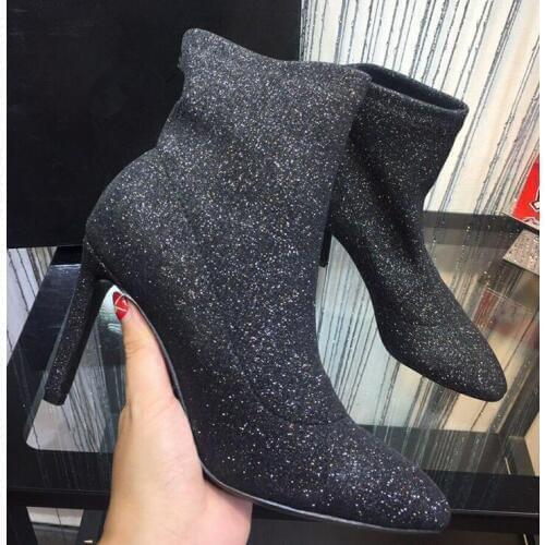 Sestito Woman Bling Bling Glitter Pointed Toe Ankle Boots Ladies High Heels Stretch Fabric Slim Boots Girls Slip-on Sock Boots