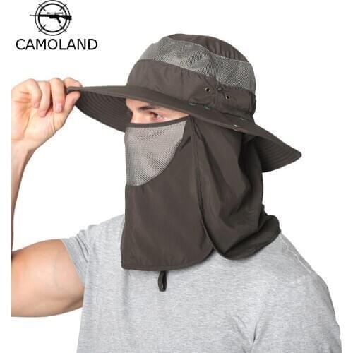 CAMOLAND Summer UV Protection Sun Hat Mens Breathable Mesh Bucket Hat With Neck Flap Outdoor Wide Brim Hiking Fishing Caps