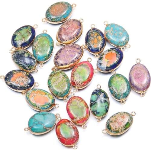 Natural Stone Double hole Connectors Oval Shape Emperor Stone Pendant for Jewelry Making DIY Necklace Bracelet Accessories