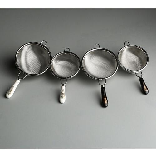 Vintage Chinese Tea Infuser Stainless Steel Dual Mesh Tea Strainer Loose Leaf Tea Filter Ceramic Handle Tea Accessories