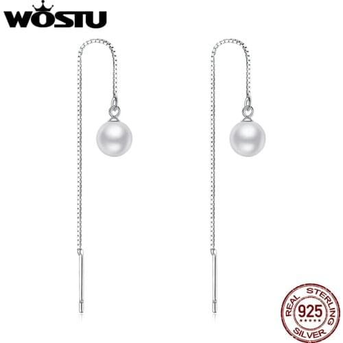 WOSTU 925 Sterling Silver Long Tassel Ear Cords Simple Shell Pearl Line Drop Earrings For Women Fashion Silver Jewelry CQE878-B