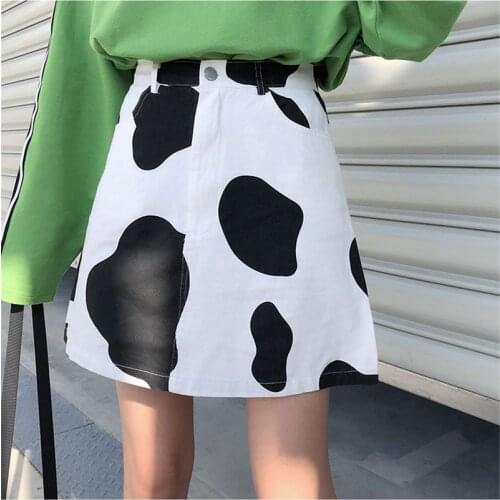 High Waist Cow Print Female Mini Skirt New Japanese Harajuku Women Streetwear A-Line Skirt Korean Ulzzang Elegant Cotton Skirts