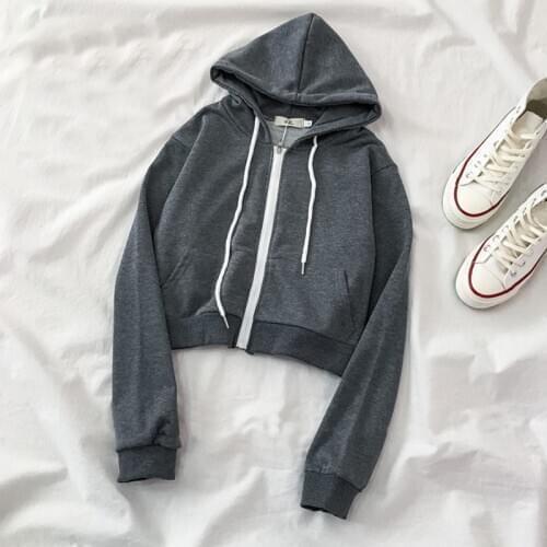 OUMENGKA Women Short Hoodies Sweatshirt 2020 Gray Solid 100% Cotton Hooded Sweatshirt Casual Loose Jumper Pullover Jacket