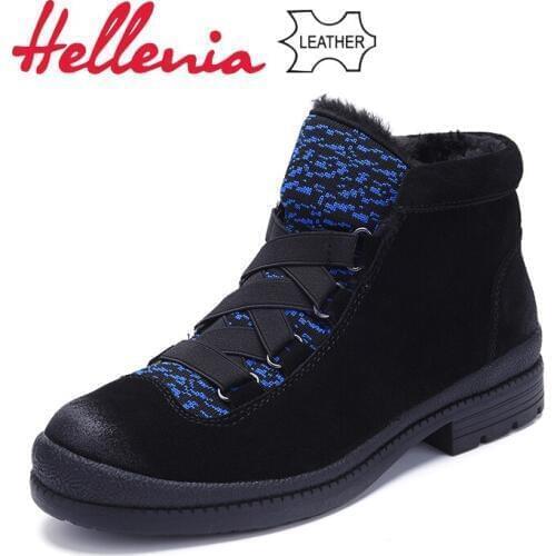 Hellenia Ladies Warm Cow Sude Women Snow Boots Lace-up Plush Winter Shoes Round Toe Ankle Strap Snow Boots Black leather shoe