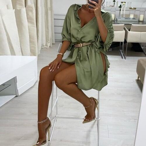 Women Solid Long Sleeves Ruffles Slit Satin Spring Ruched Shirt Dress Elegant Party Dress For Woman 2021