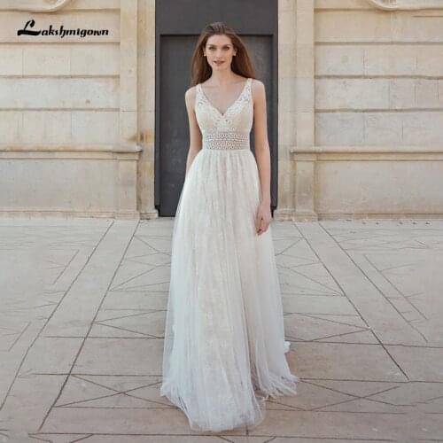 Beach Summer Boho Wedding Dress 2022 V Neck Elegant Lace Bohemian Bridal Gowns Key Hole Back Robes De Mariée Simple Brautkleid