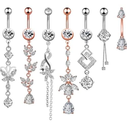 1pc New Zircon CZ Navel Piercing Surgical Steel Flower Pendant Belly Button Rings Sexy Belly Piercing Body Jewelry For Woman 14G