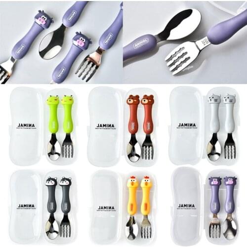 2 Pcs Cartoon Stainless Steel Kids Spoon And Fork Set Baby Tableware Baby Training Learning Feeding Scoop Fork Utensils