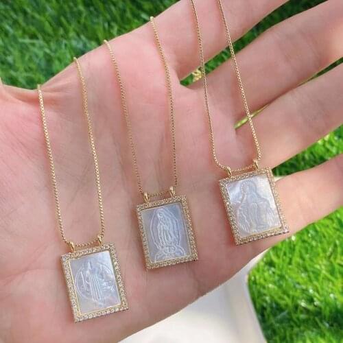 5Pcs Religious Mother Of Pearl Shell Jesus Virgin Mary Gold Guadalupe Pendant Necklace CZ Pave Women Jewelry