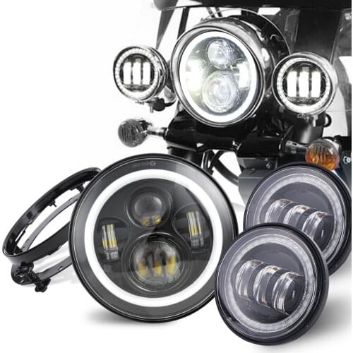 Motorcycle 7 Inch LED Headlight Set with 4-1/2 Inch LED Passing Lamps Set for Harley Street Glide FatBoy Heritage Softail CVO