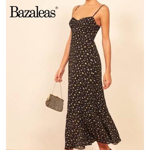 Bazaleas Elegant Floral Print Black Spaghetti Strap women midi dress Vintage Back Elastic Zipper Ruffles vestido