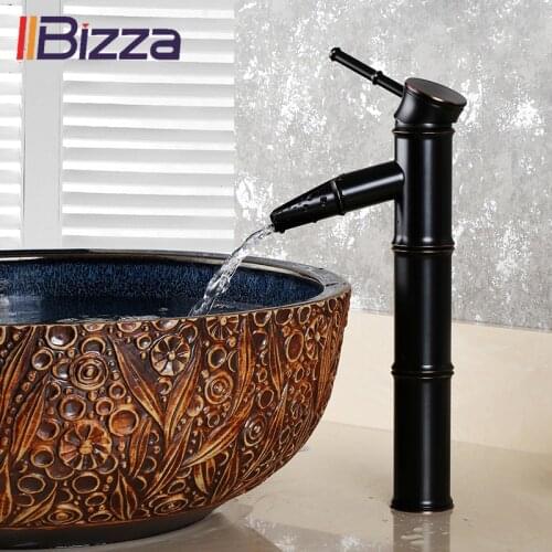 Black Brass Waterfall Bathroom Sink Faucet Vessel Tall Bamboo Water Tap Retro Bronze Oil Rubbed High Single Hole Basin Mixer