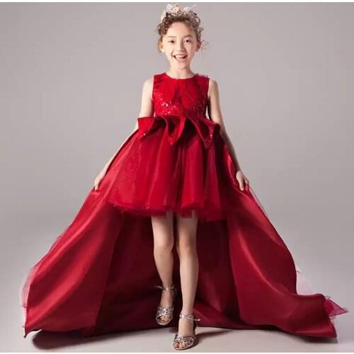 Flower Girl Dress Illusion Sequined Embroidery Sleeveless O-Neck Princess Knee-Length Tulle Lace Luxury Red Kids Party Gown H464