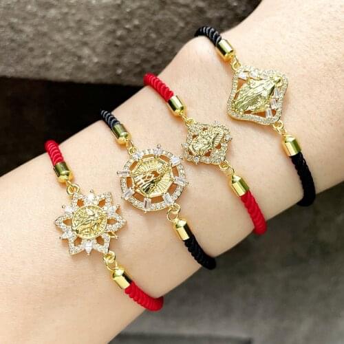 FLOLA Red Thread Round Virgin Mary Charm Bracelets For Women CZ Bracelet Bangle Wholesale Jewelry virgen de guadalupe brtd04