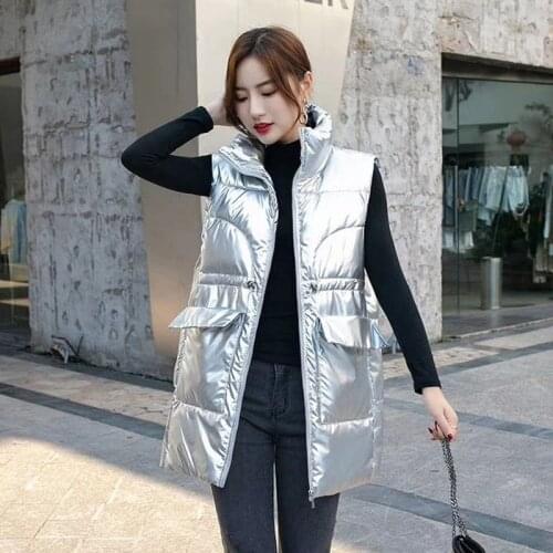 Glossy Down Cotton Waistcoat Womens Mid-Length Winter Coat New Student Loose All-Match Vest Female Sleeveless Jacket