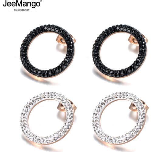 JeeMango Stainless Steel Jewelry White/Black Clay Cystal Earrings Rose Gold Color Round Shape Christmas Gift Pendientes JE18455