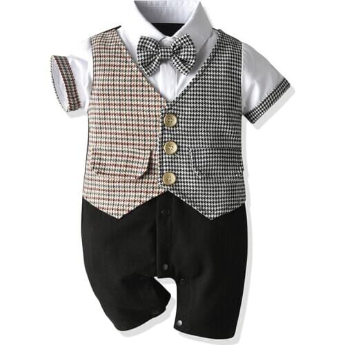 Summer Gentleman Boy Tie Prince Jumpsuit Cartoon Plaid Shirt toddler boy clothes christmas outfit boy party dress kids clothes