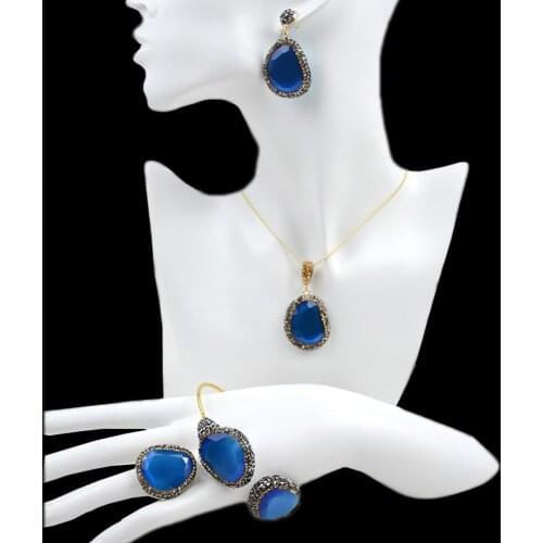 4Pcs Blue Stone Pendant Necklace Bracelet Ring Earrings Crystal Fashion Statement Jewelry Set Bridal Women Wedding Party Gifts