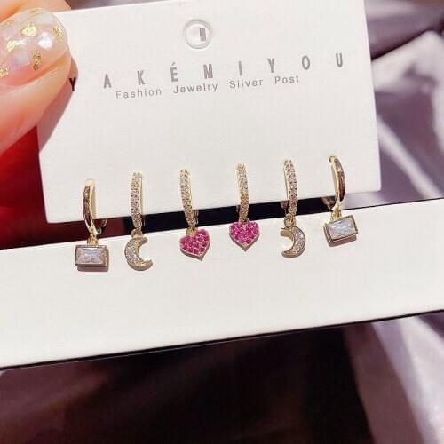 MIGGA 3 Pairs Cubic Zircon Paved Moon Red Heart Dangle Earrings Set Fashion Women Jewelry Gold Color