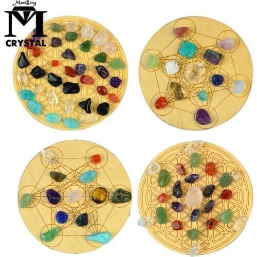 Natural Crystal Stones Chakela Set Collection Gravels Rock Round Small Wood Plate Reiki Healing Quartz Gems Flower of Life Decor