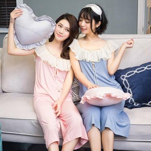 Sleepwear 2 Pieces Shorts Modal Ruffled Collar Comfortable Pajamas Set With Eight-Quarter Pants Suit Womens Tracksuit Nightwear