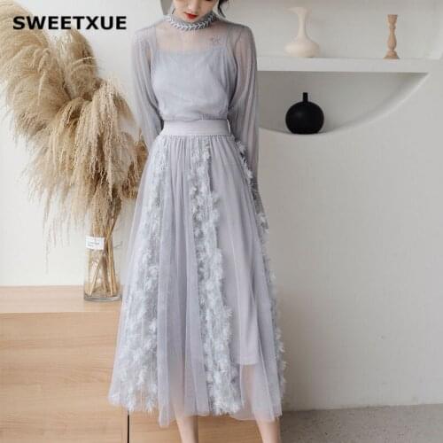 SWEETXUE Beach Holiday Twopiece Suit 2019 Summer Sexy Perspective Long-Sleeved High-Waist Feather Casual Chic Sweet Mesh Set