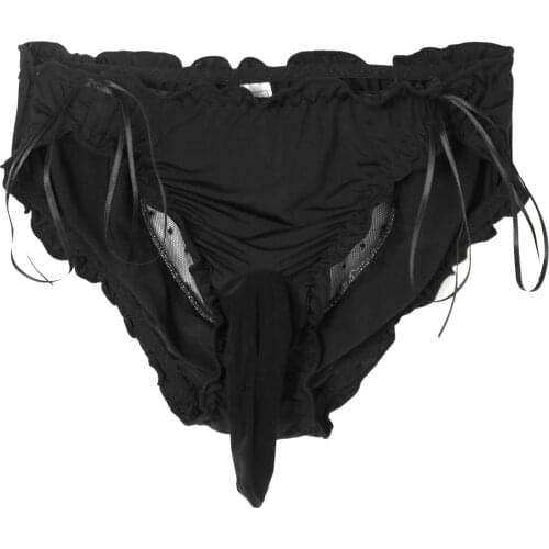 Sissy Men Panties Sexy Bulge Pouch Ruffles Briefs Bowknot Decor See-through Mesh Heart Underpants Low Waist Briefs Gay Underwear