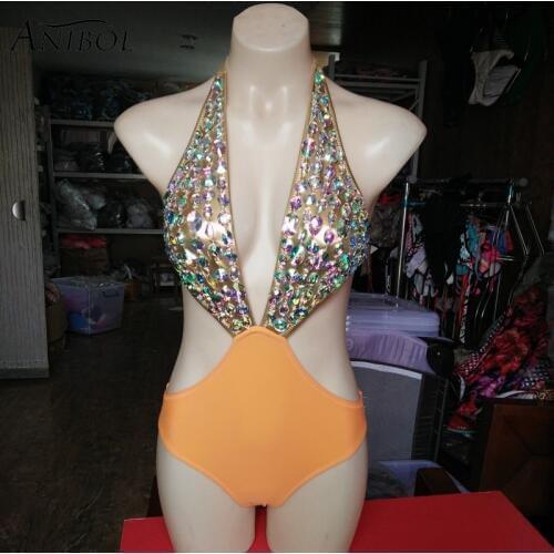 Anibol 2017 Rhinestone One Piece Women Swimsuit Sexy High Waisted Luxury Diamond Swimwear Backless Crystal Gold Bathing Suit