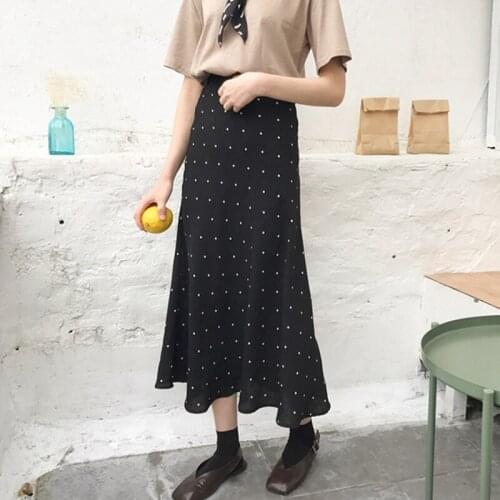 Vintage Polka Dot Midi Skirts Womens Spring Summer High Waist Black A-line Skirt Korean Style Ladies Girls Casual Long Skirt