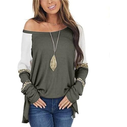 Womens Top Spring Autumn Loose T-Shirts Color Matching Patchwork O-Neck Long Sleeve Leopard Print T Shirt Woman Clothing Tops