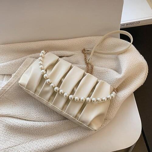 Crossbody Bag Women Shoulder Bag Female Backpack Soft Handbag Purse Designer Beaded Chain Pleated Bag Fashion 2021 PU Leather