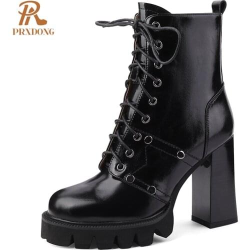 2021 High Quality Punk Gothic Boots High Heels Thick Platform Womens Ankle Boots Zipper Rivets Lace Up Ladies Shoes Big Size 41