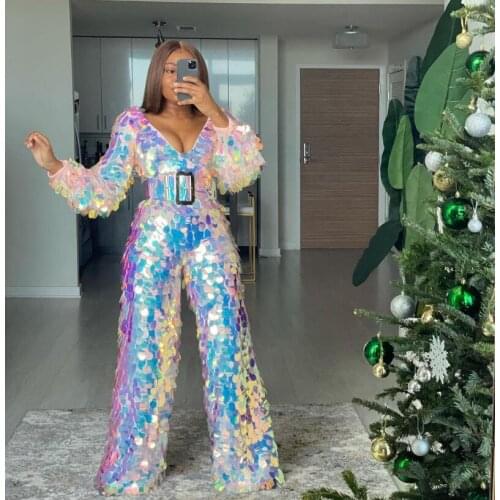 Sparkling Women Jumpsuit Party Wear Vestido De Festa Robe De Soiree Elegant Evening Prom Dress Sequin Pants