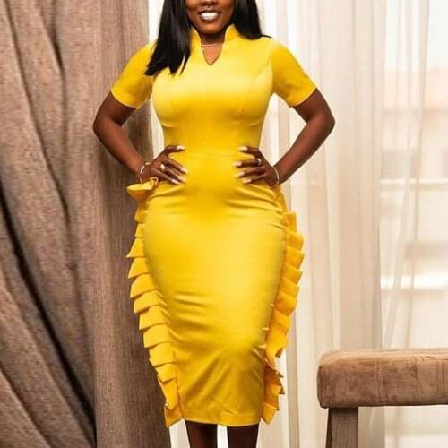 Africa Women Party Dress Yellow Short Sleeve Ruffle Slim Fit Dresses Bodycon Plus Size Elegant Ladies Summer Birthday Celebrity