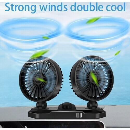 12V 360 Two Head 2-Speed Car Dashboard Cooling Fan with Dual USB Charger for Summer Car