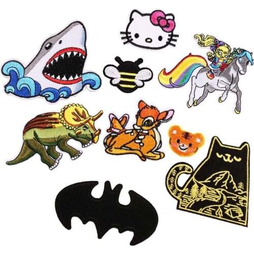 20pcs/lot Embroidery Patch Animal Shark Red Deer Tiger Bee Gold Cat Kitty Bow Bat Rhinoceros Clothing Decoration Iron Applique