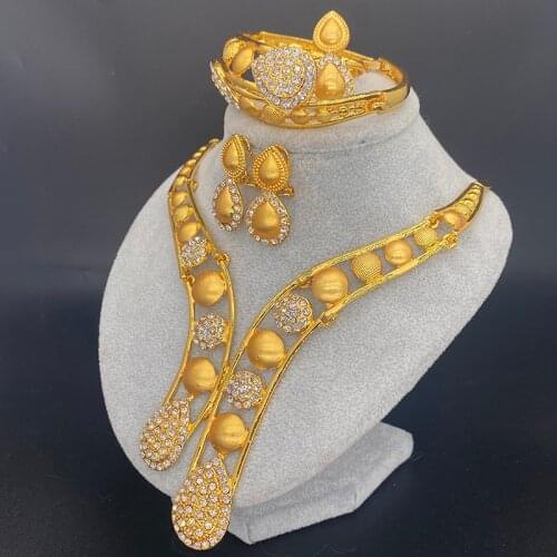 24k Ethiopian Dubai Jewelry Sets for Women Water Drop Necklace Bracelet Earrings Ring Gold Color Collar African Wedding Gifts