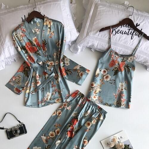 3Pcs/set Spring Autumn Women Satin Silk Pajamas Sets Flower Print Pajama Sleepwear Spaghetti Strap Homewear Sexy Pyjamas 2020