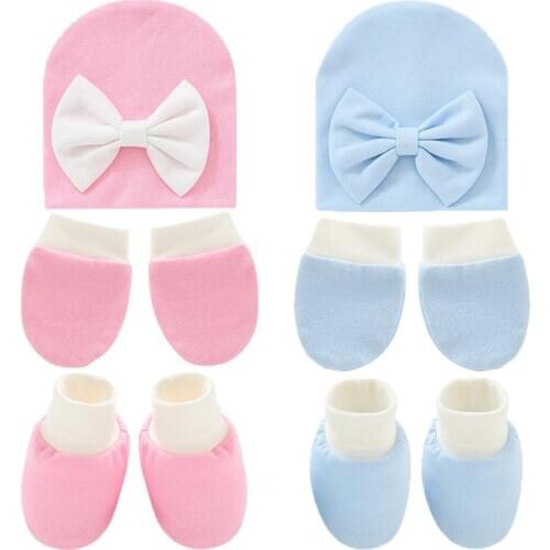 3 in1 Set Newborn Baby Hat+Scratch Mitten+Botties Gift Set