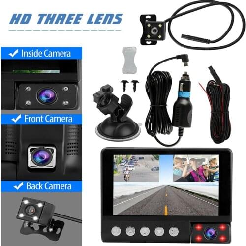 4'' 3 Lens Rear Inside Camera Touch Screen Car Dash Cam Night Vision G-sensor Parking Monitor Assist Wide Angle Loop Recording