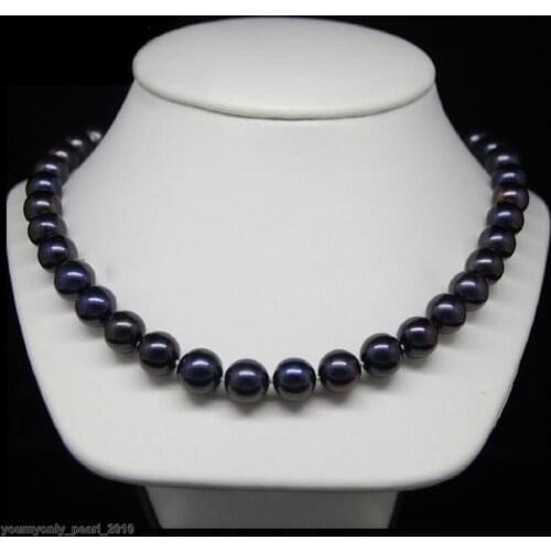 925silver Yellow Gold Natural 9-10mm AAA+ Black Pearl Necklaces 18"