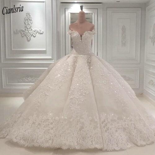 Sparkly Beads Diamond Off The Shoulder Dubai Saudi Arabic Ball Gown Wedding Dress Sweetheart Ruffles Appliques Lace Bridal Gown
