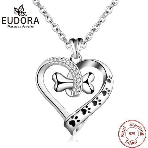 Eudora 925 Sterling Silver animal Pet Dog Cat Footprint & Bone Pendant heart Necklace Women Fine Jewelry For Girl best gift D105