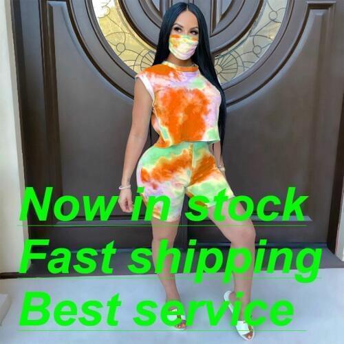 Fashion Women Sexy Tie Dye Printed Ripped Two Piece Sets Summer T-shirt Shorts Set Slim Fit Outfit Suits
