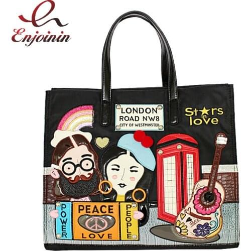 Cartoon Pattern Embroidery Nylon Shoulder Bag for Women Fashion Female Purses and Handbags Totes Shopping Bags Ladies Casual
