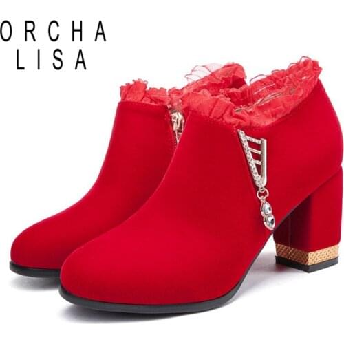 ORCHALISA High womens boots Flock Lace edge Rhinestone Flower High heels Solid Zippper Fashion Autumn New Comfortable S2412
