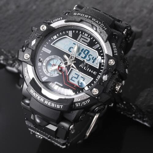 New arrived men 50m waterproof rubber watch outdoor Multi-function sports Double movement digital LED wristwatch